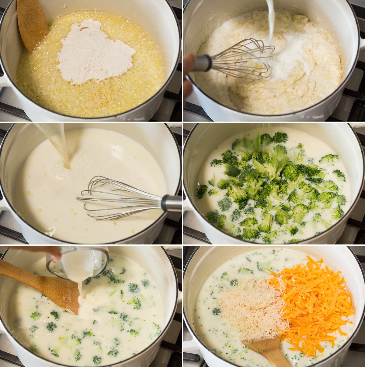 The BEST Broccoli Cheese Soup Collage of six images showing steps of making broccoli cheese soup. Shows making roux and bachamel sauce, adding broccoli and cooking, mixing in cream and finishing with shredded cheeses.