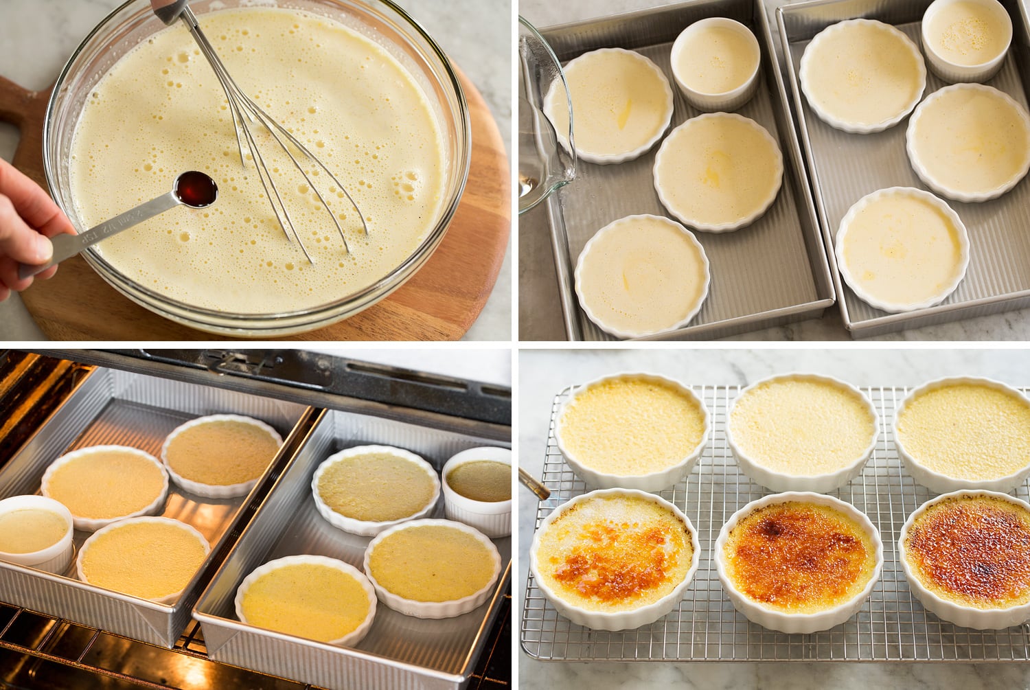 Creme Brûlée Four photos showing how fill custard cups and bake creme brûlée in a water bath.
