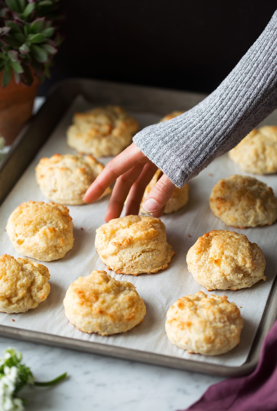 someone grabbing a Buttermilk Drop Biscuit from a baking tray