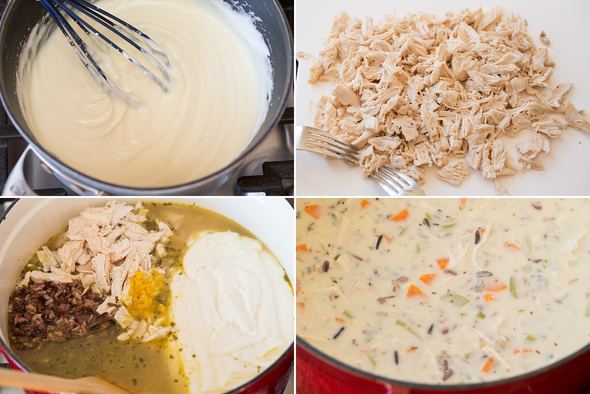 Creamy Chicken and Wild Rice Soup Collage of four images continued of making chicken wild rice soup. Shows finished white sauce, shredding chicken, adding final ingredients to soup and finished soup.
