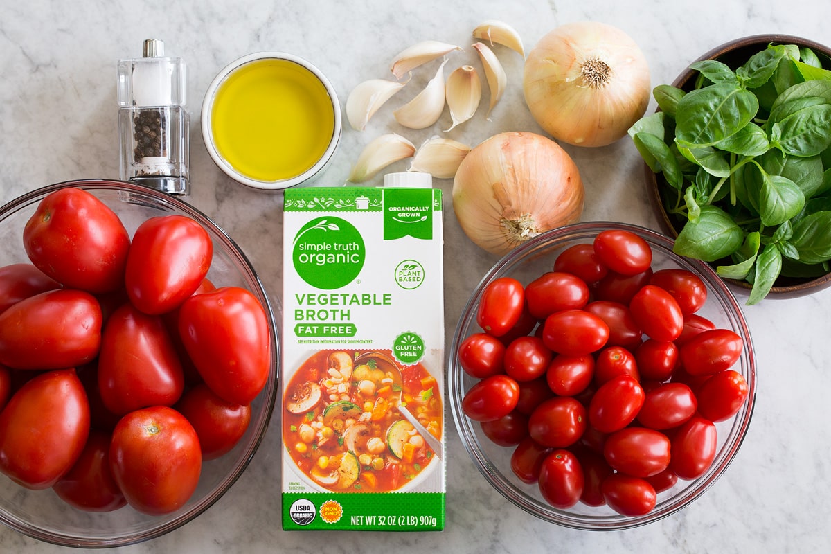 Roasted Tomato Basil Soup Ingredients needed to make tomato basil soup.