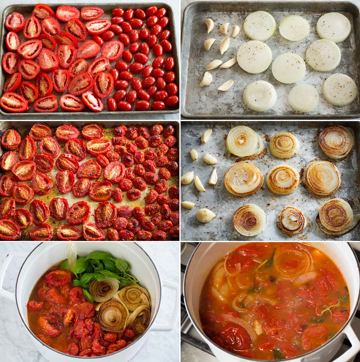 Roasted Tomato Basil Soup Collage of six photos showing steps of roasting tomatoes and onions and garlic. Then shows soup in a pot before and after cooking.