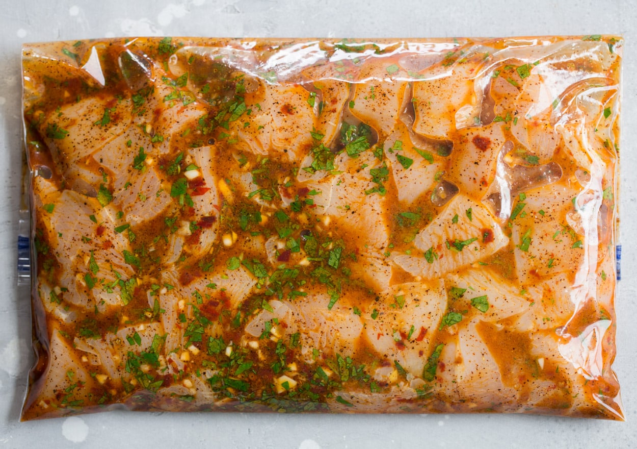 chicken fajita kebabs in marinade