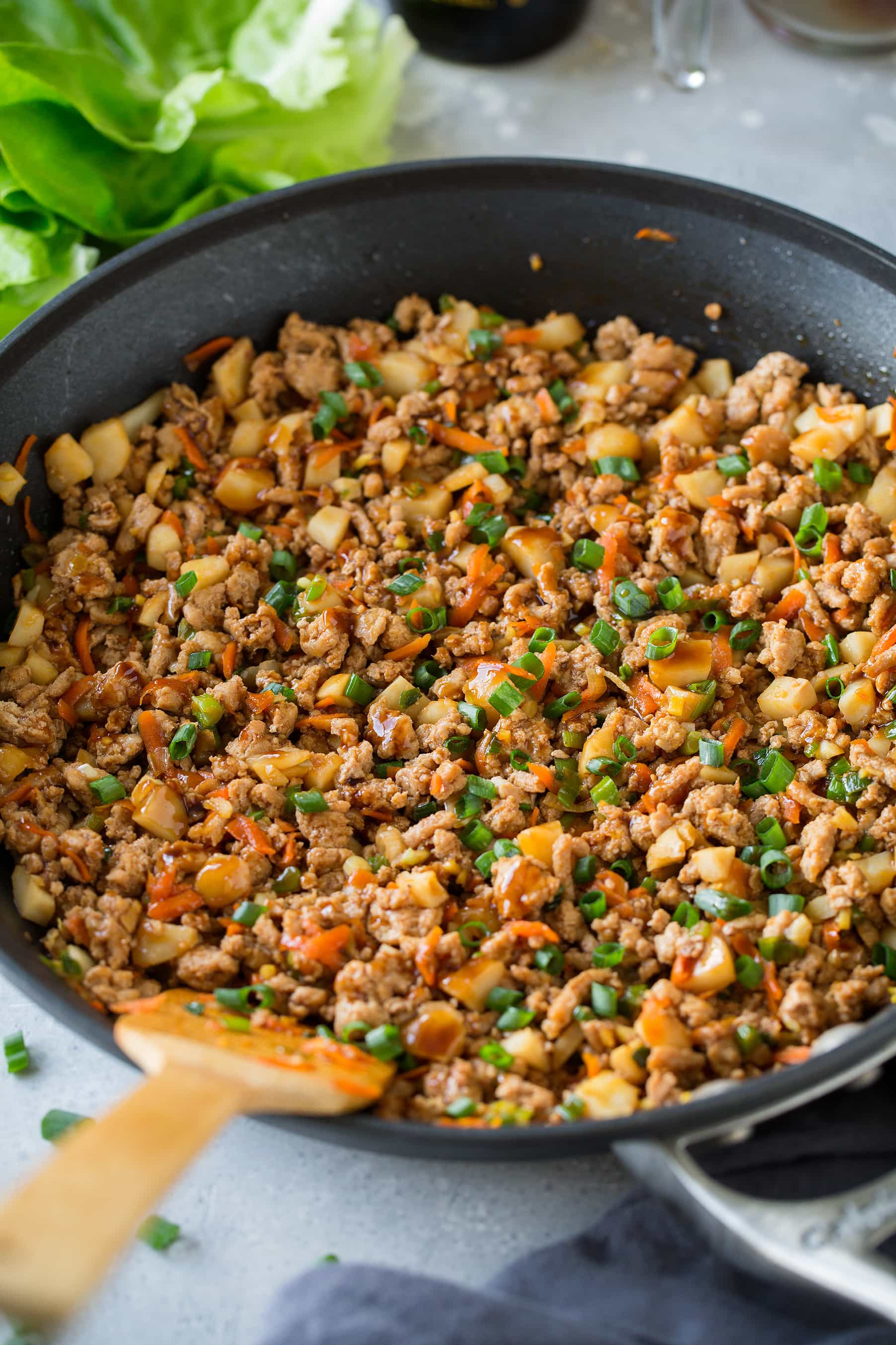 turkey chicken lettuce wraps filling in a skillet