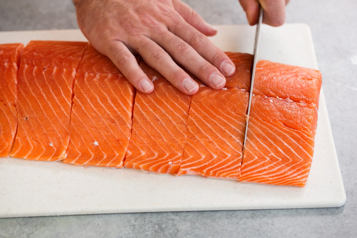 slicing salmon for grilled salmon