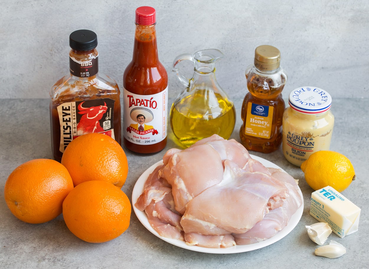 ingredients grilled chicken oranges bbq sauce hot sauce olive oil honey dijon mustard lemon butter garlic chicken thighs