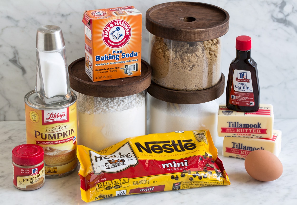 Pumpkin Chocolate Chip Bars ingredients shown here on a marble surface