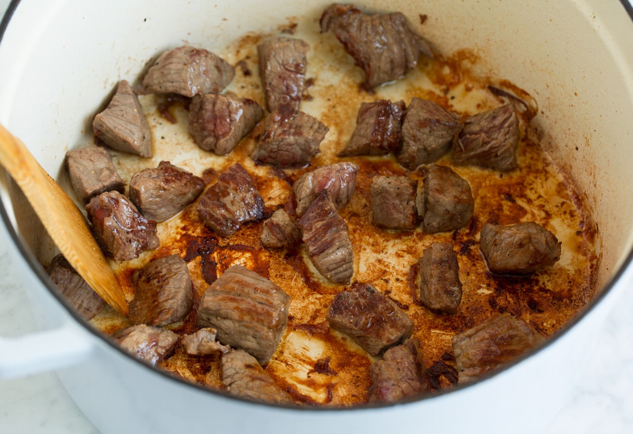 Vegetable Beef Soup browning beef in pot in oil