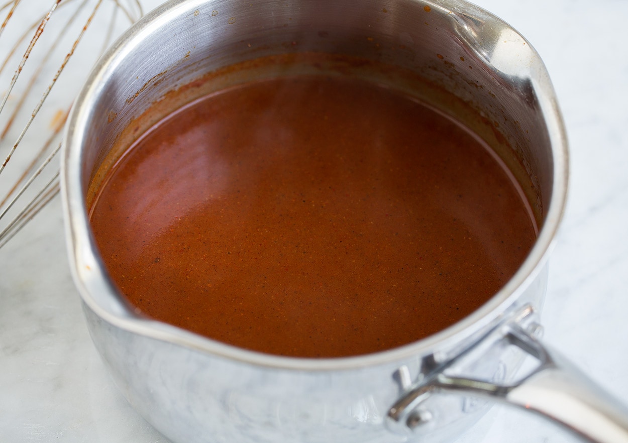 Enchilada Sauce in a metal saucepan