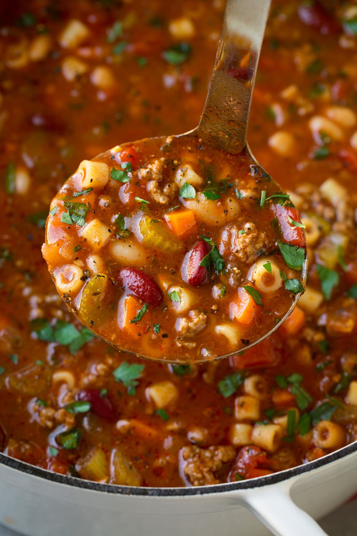 The BEST Pasta e Fagioli Soup Recipe! Ladle full of copycat olive garden pasta fagioli soup.