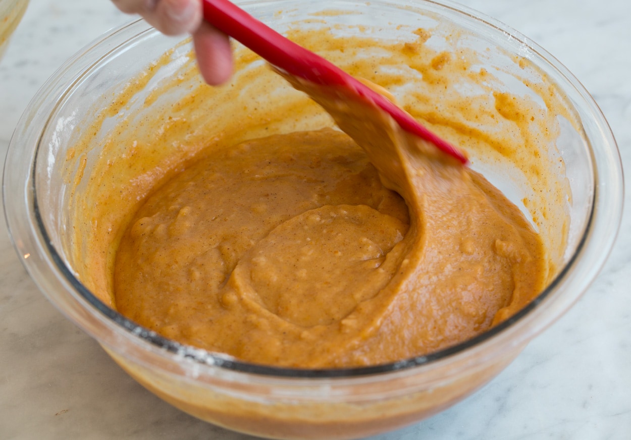 Pumpkin Muffins prepared batter shown here in mixing bowl