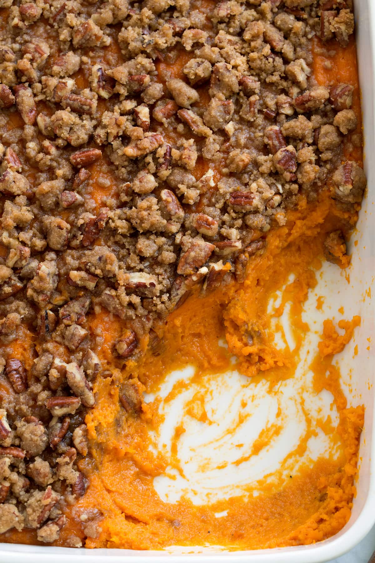 Sweet Potato Casserole Overhead image of sweet potato casserole.