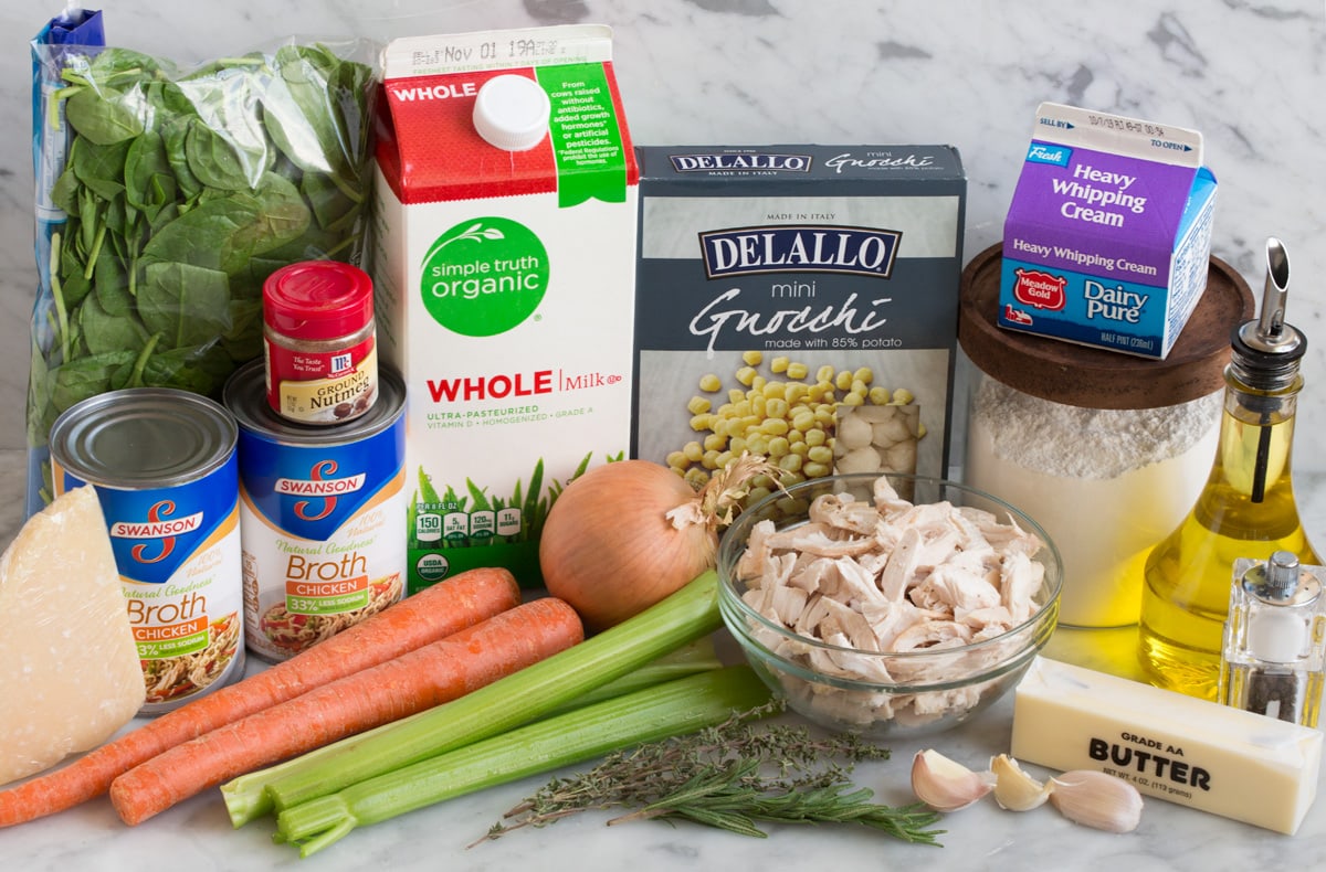 Creamy Chicken Gnocchi Soup Ingredients needed to make chicken gnocchi soup shown here.