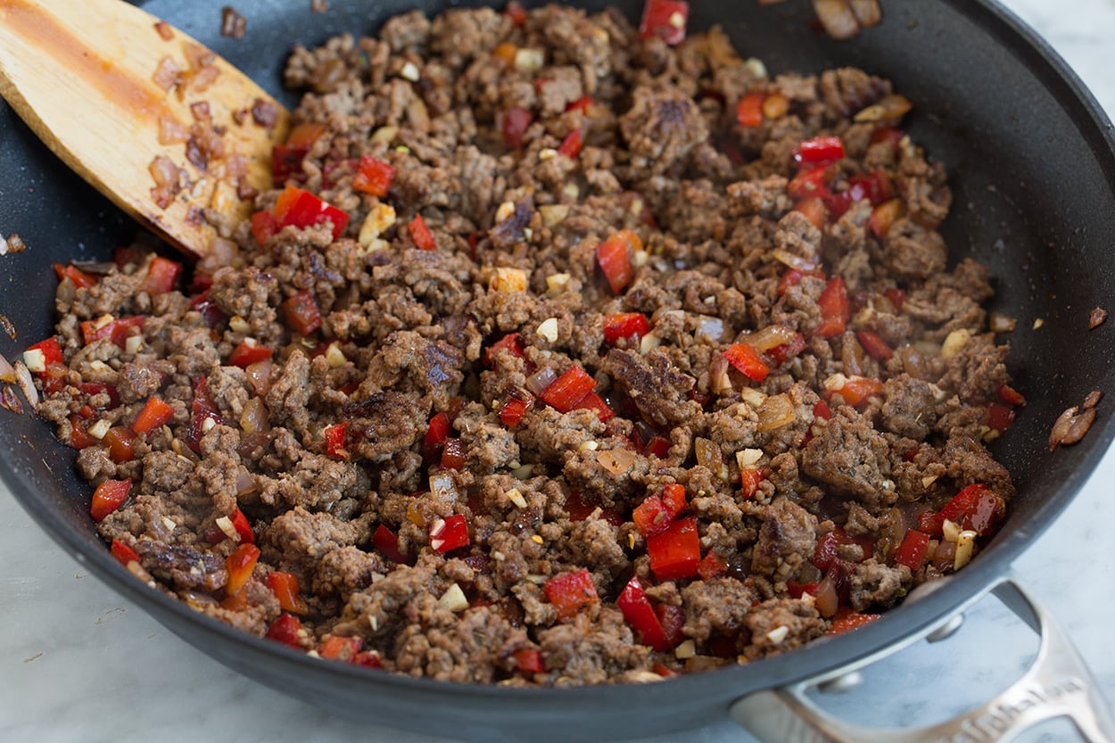 Chimichurri Beef and Rice Showing beef after browining in skillet.