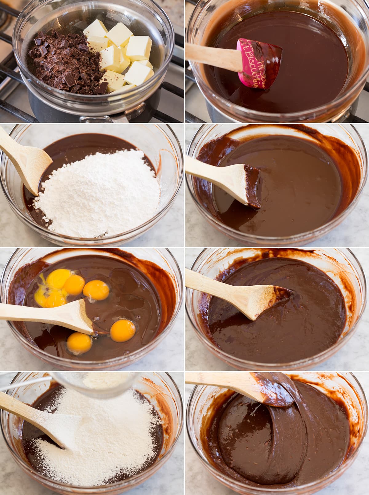 Chocolate Lava Cake Collage of photos showing steps of making chocolate lava cake batter in a mixing bowl.