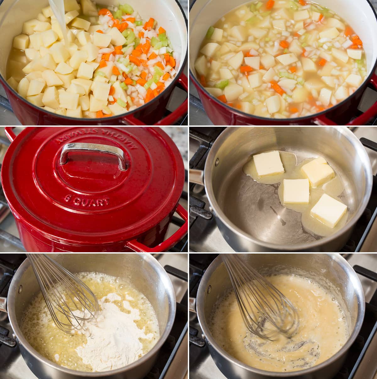 Potato Soup Collage of six photos showing steps to making potato soup. Shows simmering potatoes, carrots, celery and onion in chicken broth. Then includes first steps of making roux by melting butter and mixing with flour.