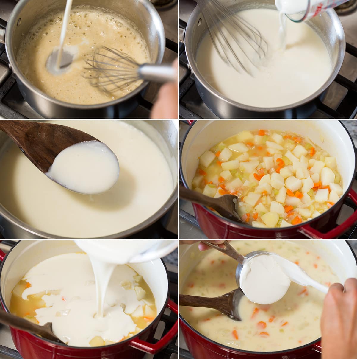 Potato Soup Collage of six images showing continued steps of making potato soup. Includes mixing dairy into roux, then pouring into cooked potato mixture, then finishing with sour cream.