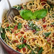 Spaghetti with Sun Dried Tomatoes and Spinach