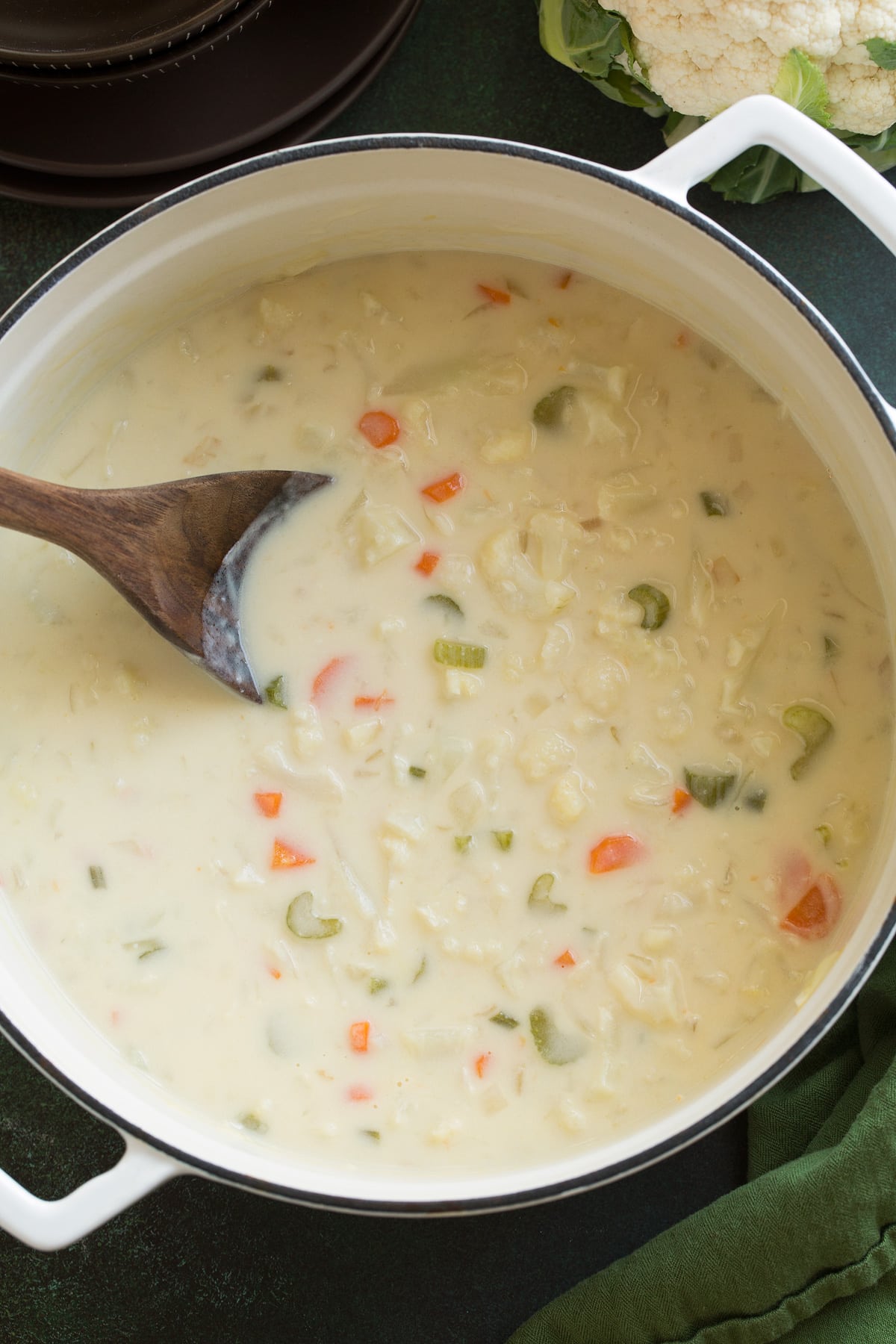 Cauliflower Soup Overhead image of pot full of Cauliflower Soup