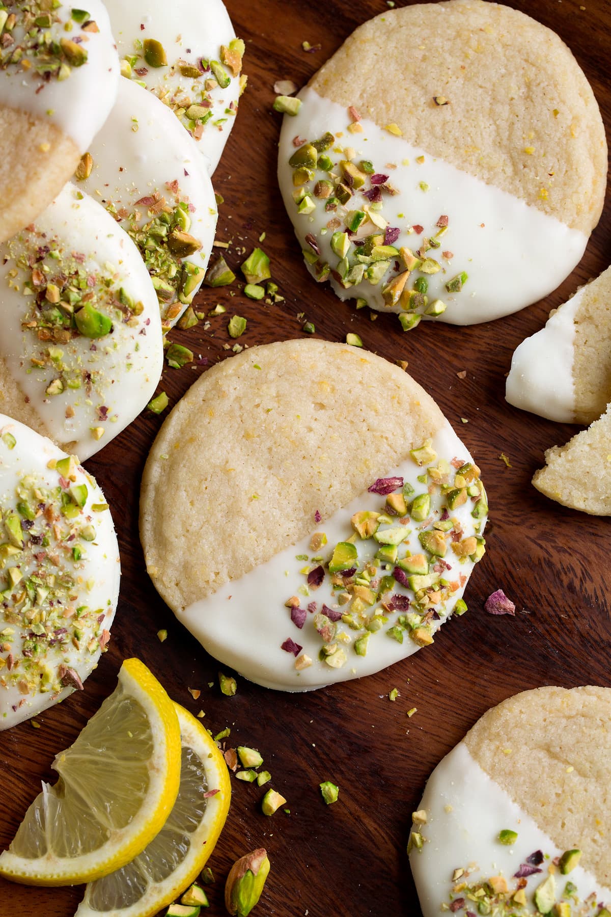 Lemon Shortbread Cookies Lemon Shortbread Cookies Dipped in White Chocolate close up image.