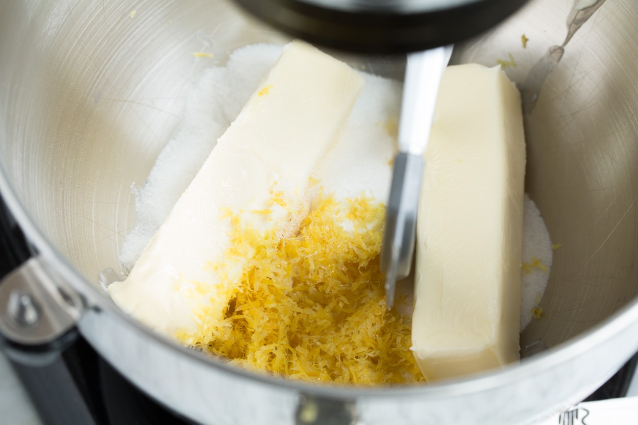 Lemon Shortbread Showing how to make lemon shortbread cookies. Mixing butter, lemon zest and sugar in stand mixer.