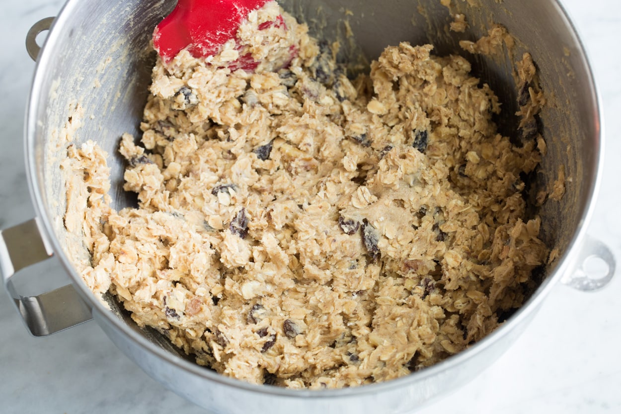 BEST Oatmeal Cookies! Finished oatmeal cookie dough in stand mixer bowl.