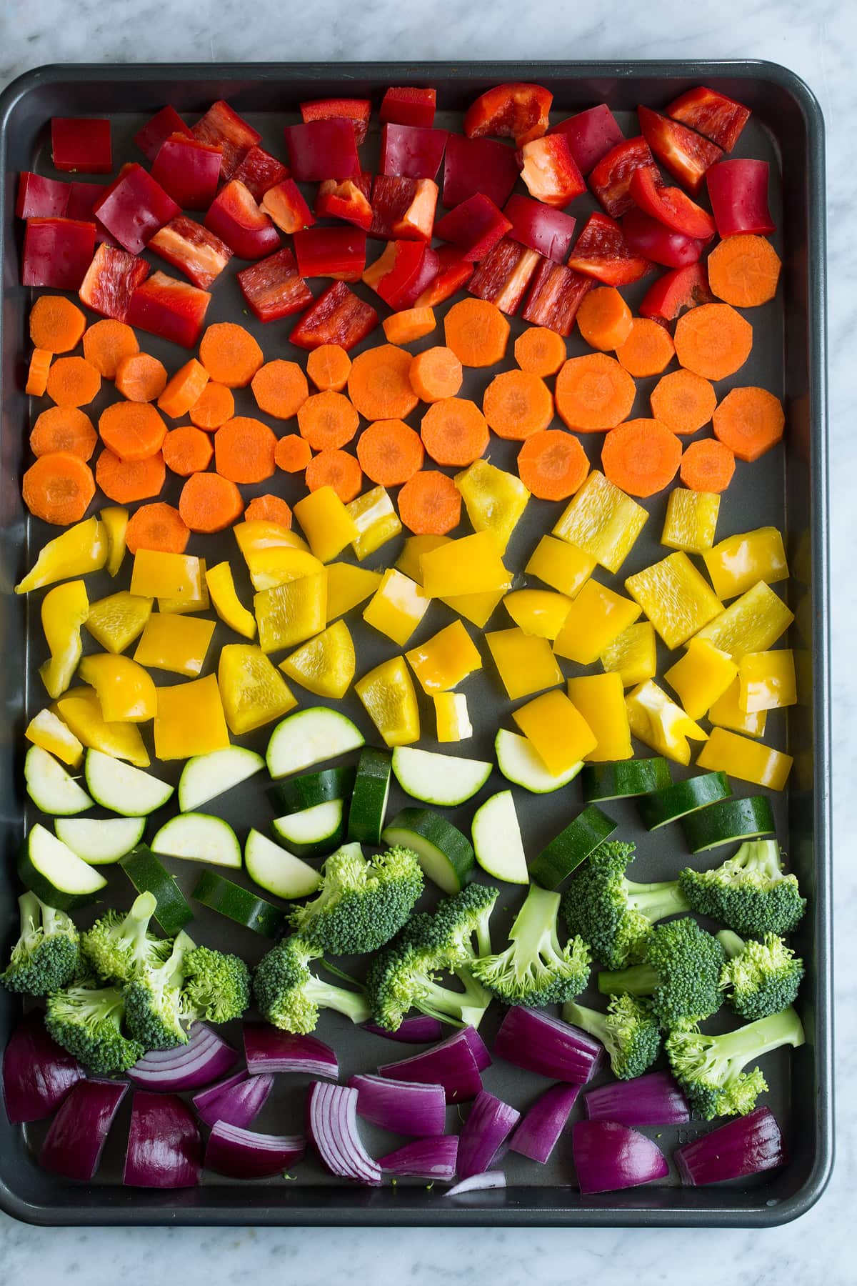 Roasted Vegetables Diced vegetables on a baking sheet before oven baking.