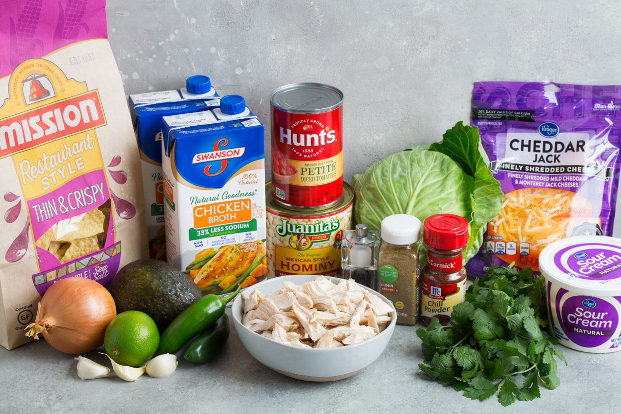 Ingredients for chicken pozole.