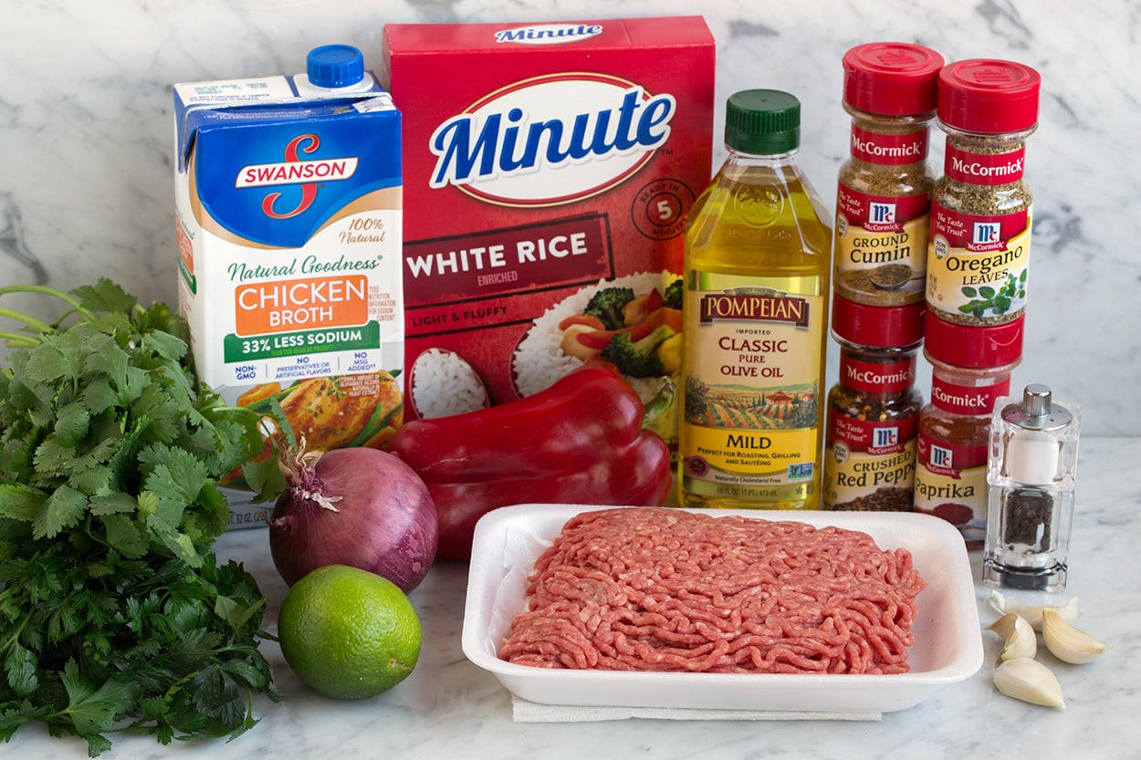Ingredients shown here to make chimichurri ground beef and rice.