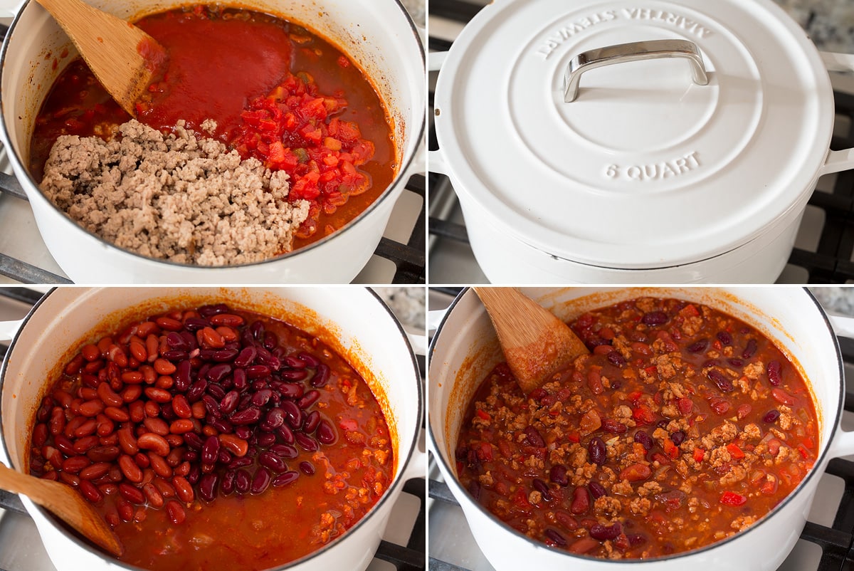 Turkey Chili Collage of four photos showing continued steps of making turkey chili. Includes adding liquids and cooked turkey back into pot, covering pot to simmer. Then finishing with kidney beans.
