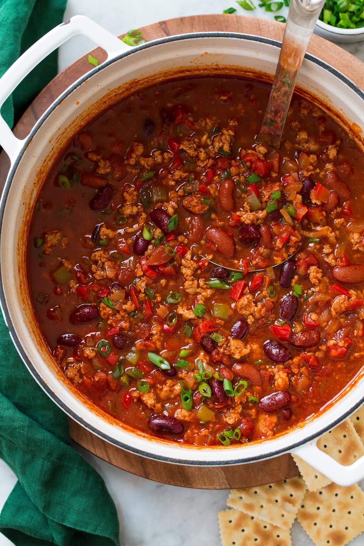Turkey Chili Overhead photo of turkey chili once finished in a pot.