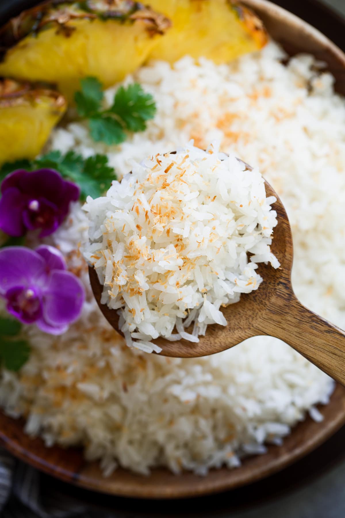 Coconut Rice Close up image of coconut rice garnished with toasted coconut.