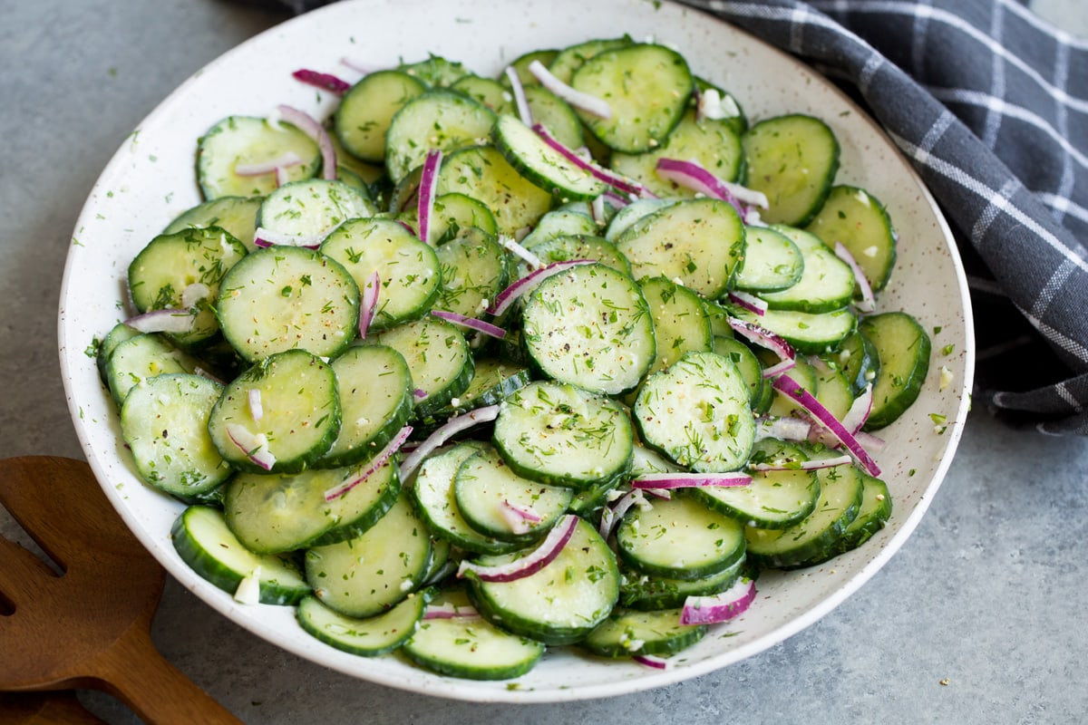 Refreshing Cucumber Salad Cucumber salad in serving bowl after tossing together.