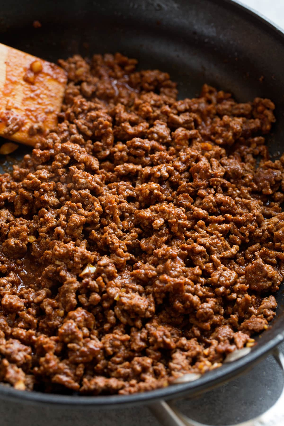 Ground Beef Tacos Ground beef taco meat filling in a skillet.