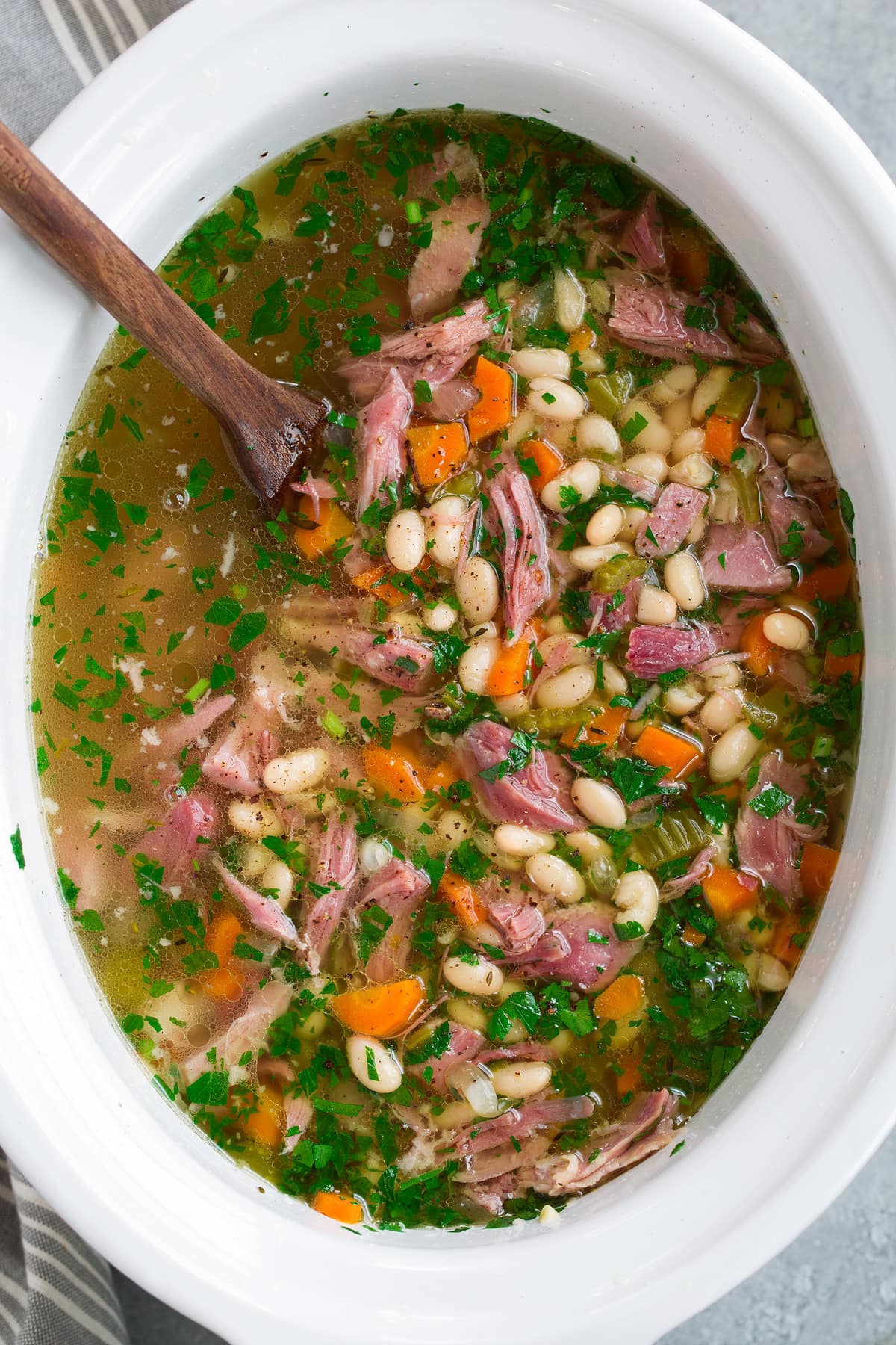 Ham and Bean Soup Crockpot full of ham and bean soup.