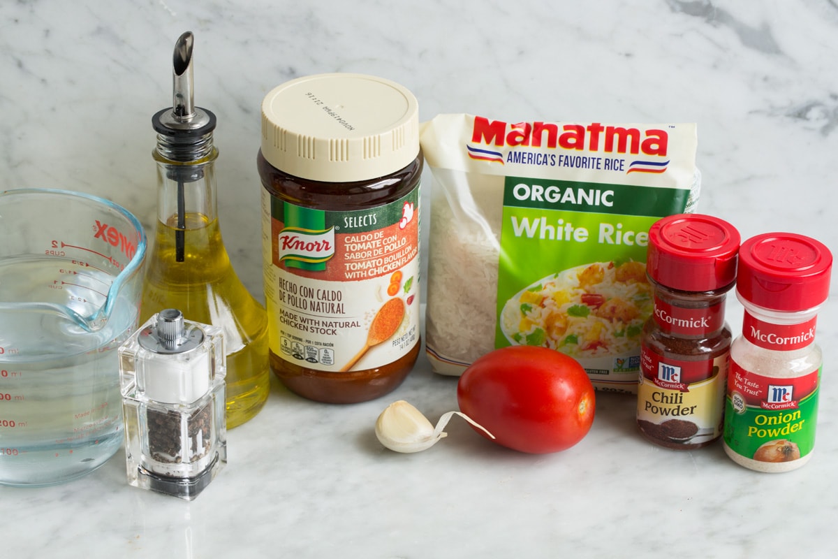 Mexican Rice Ingredients needed to make Mexican Rice shown here.