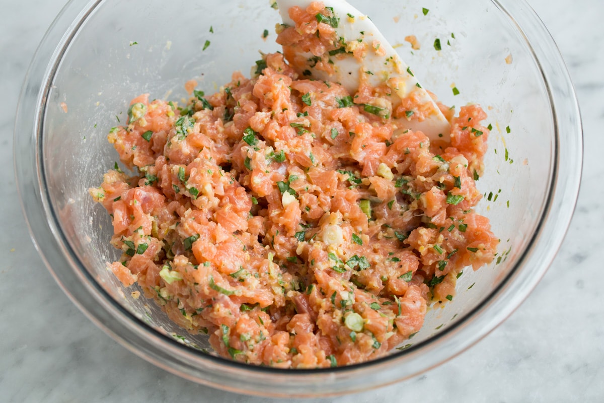 Crispy Salmon Patties (made with fresh salmon, not canned!) Showing what finished salmon patty mixture should look like.