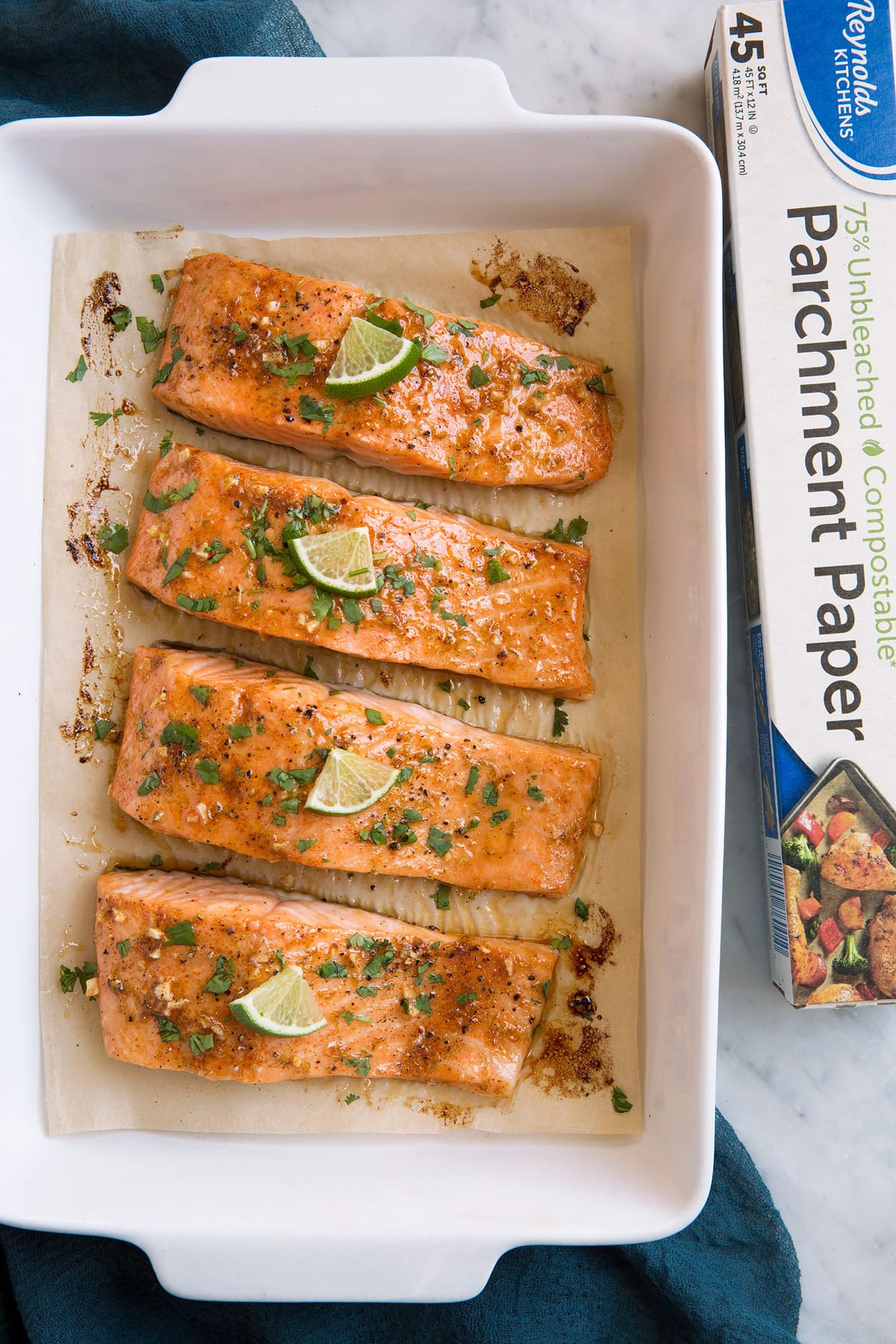 Brown Sugar Lime Baked Salmon Overhead image of salmon fillets in a baking dish.