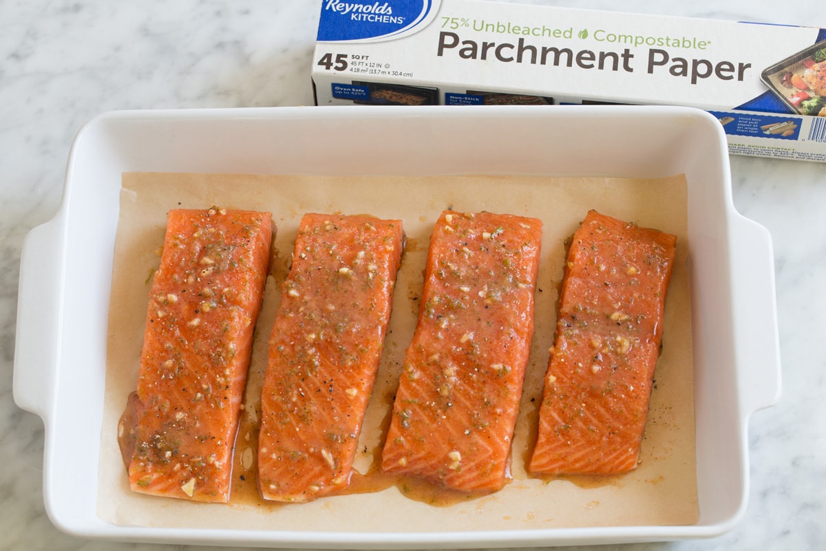 Brown Sugar Lime Baked Salmon Salmon fillets in baking dish, shown before baking.