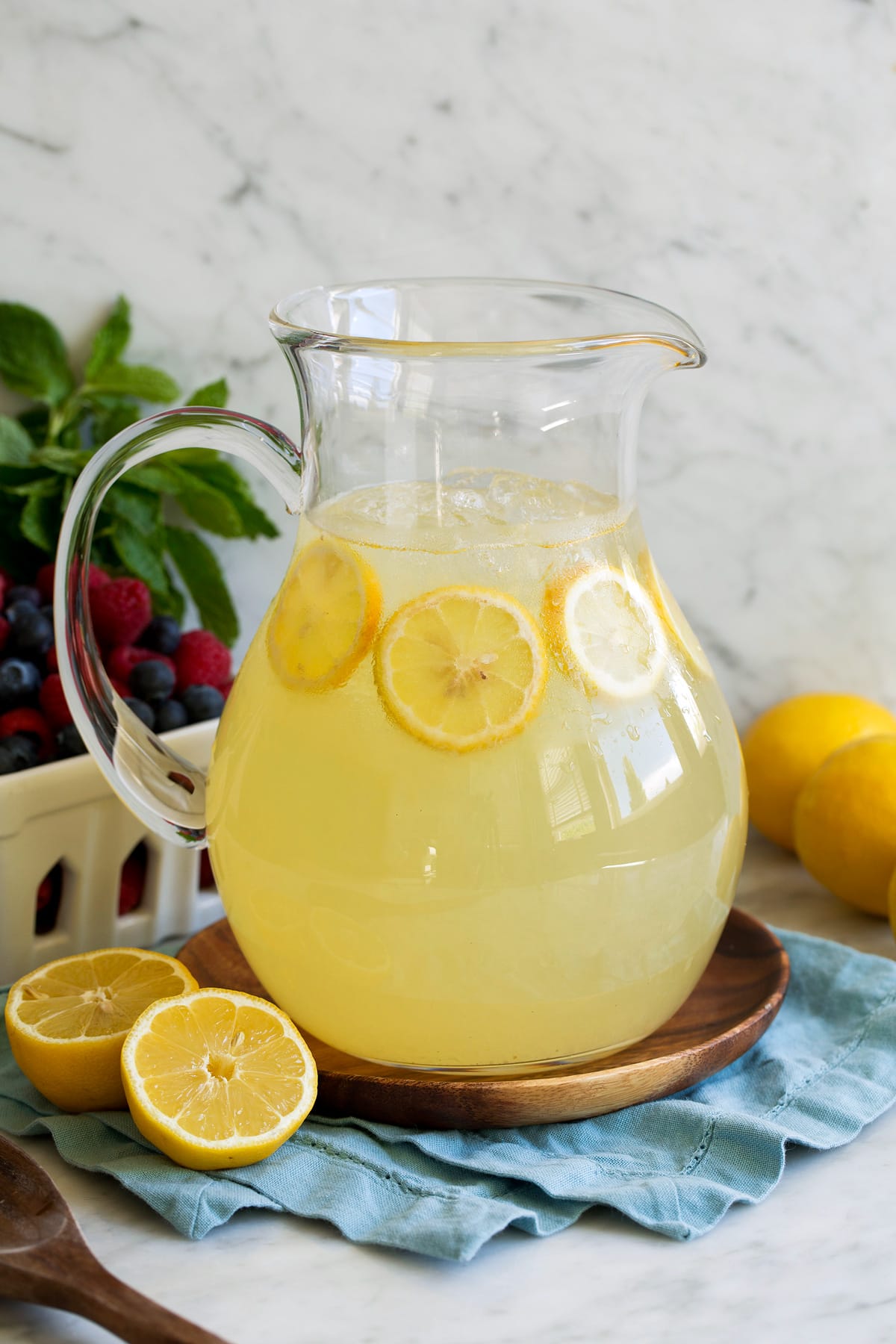 Lemonade Lemonade in a large glass pitcher.