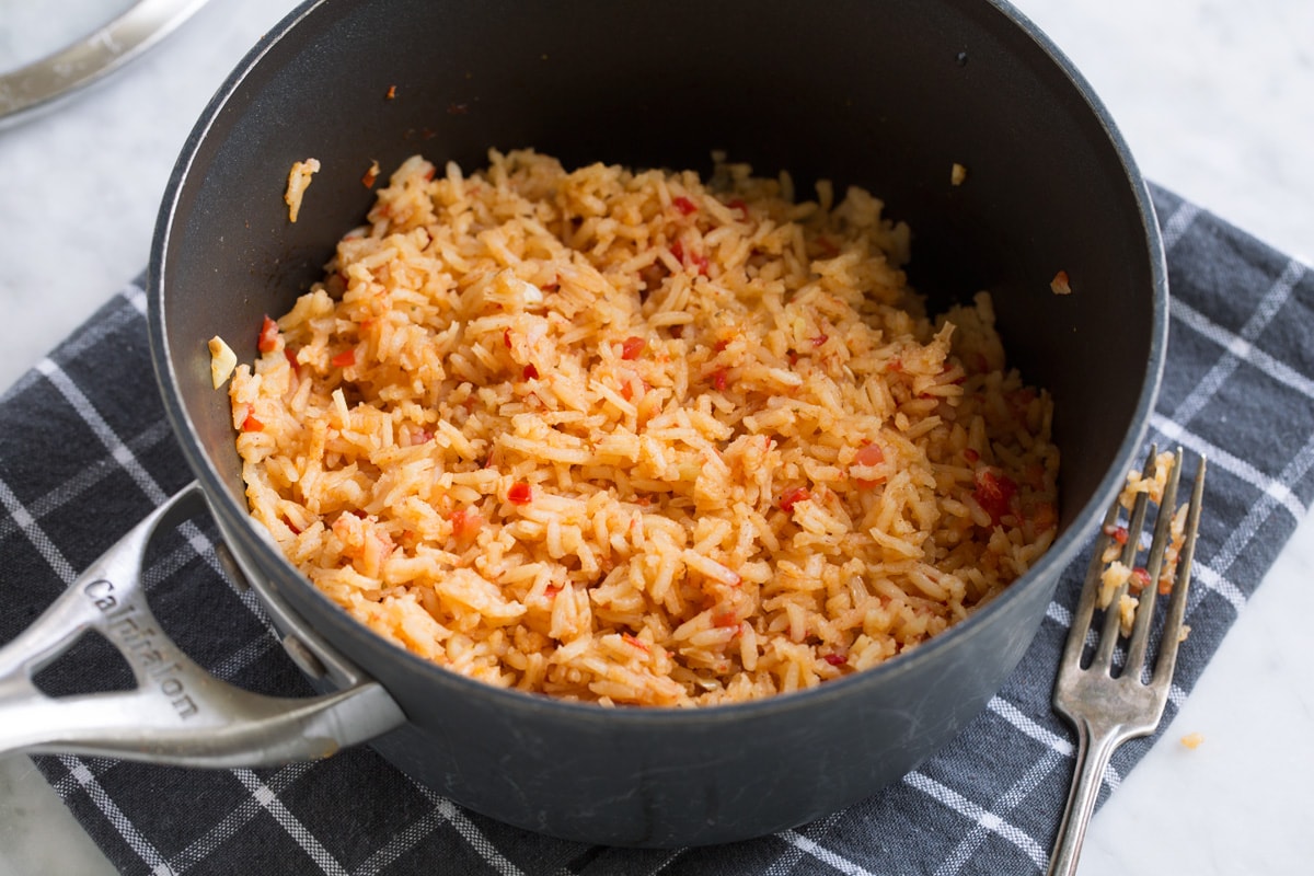 Mexican Rice Mexican rice in a saucepan once finished.