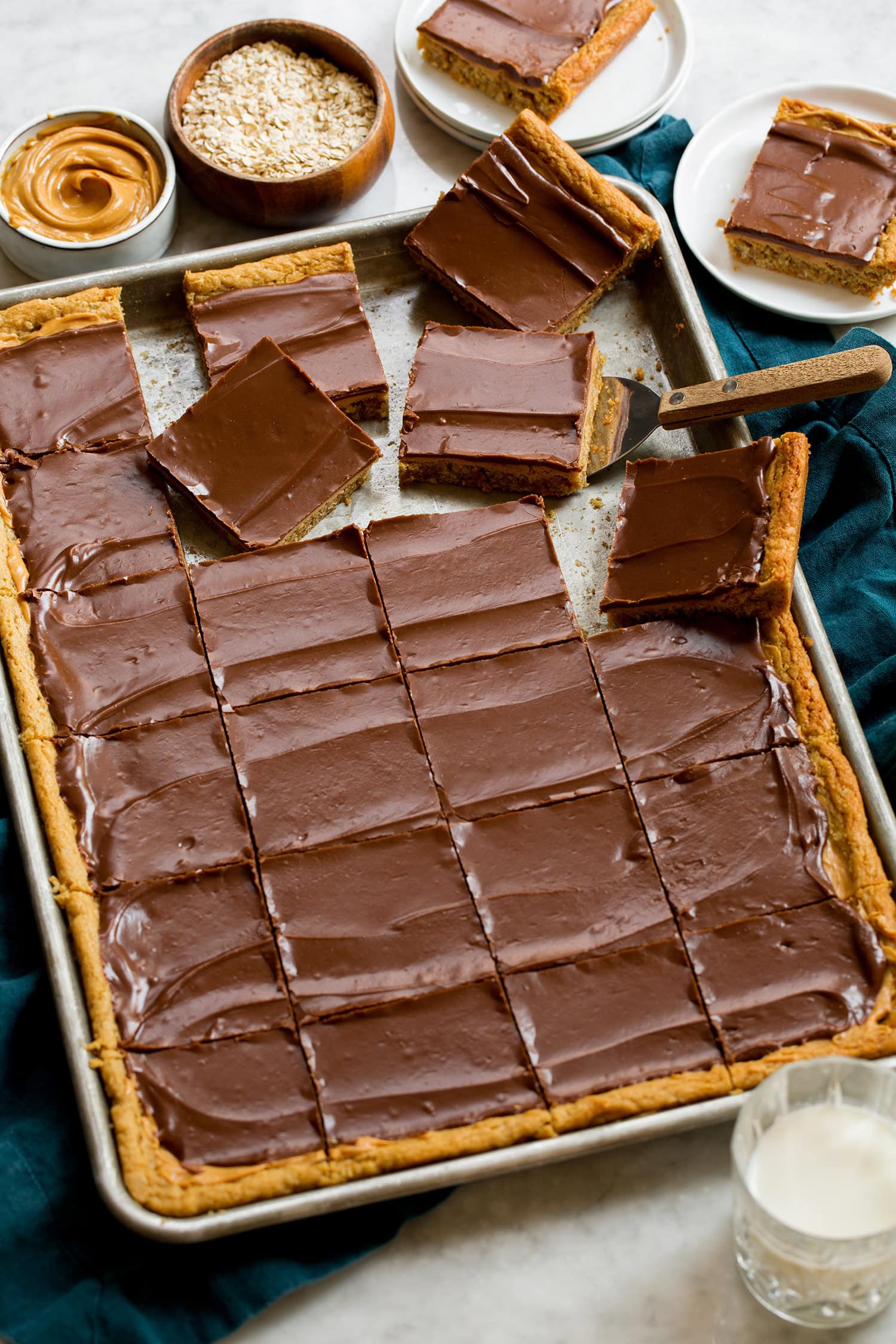 Peanut Butter Bars Sheet pan of peanut butter cookie bars sliced.