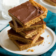 Stack of homemade peanut butter bars with chocolate frosting on a white plate over a teal colored cloth.