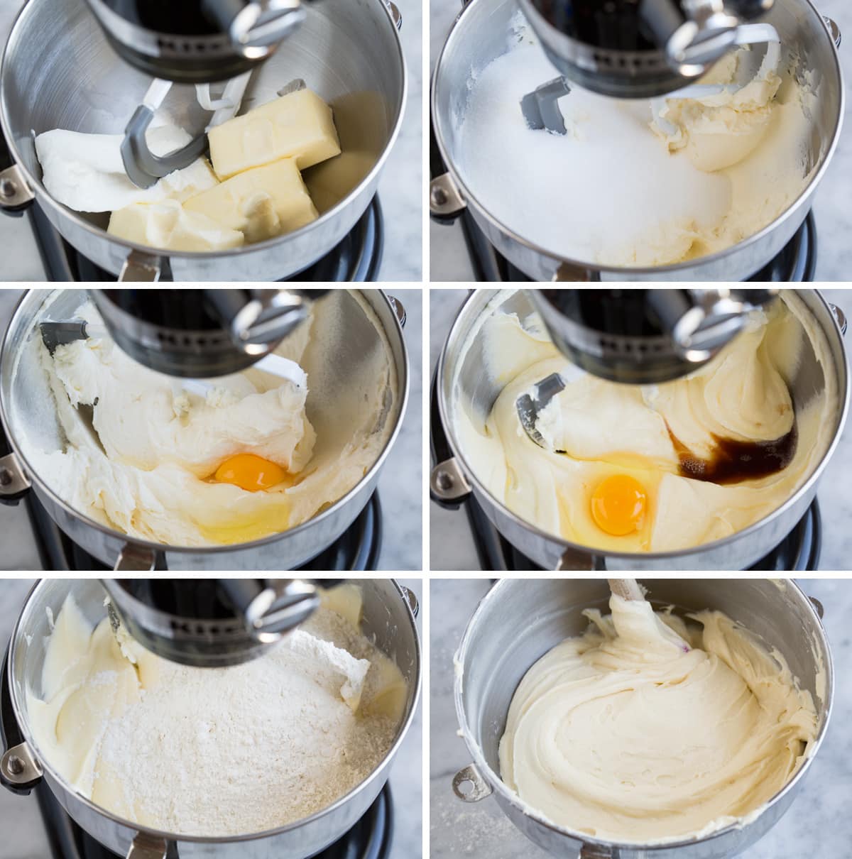 Pound Cake Showing steps of making pound cake batter in an electric stand mixer bowl.