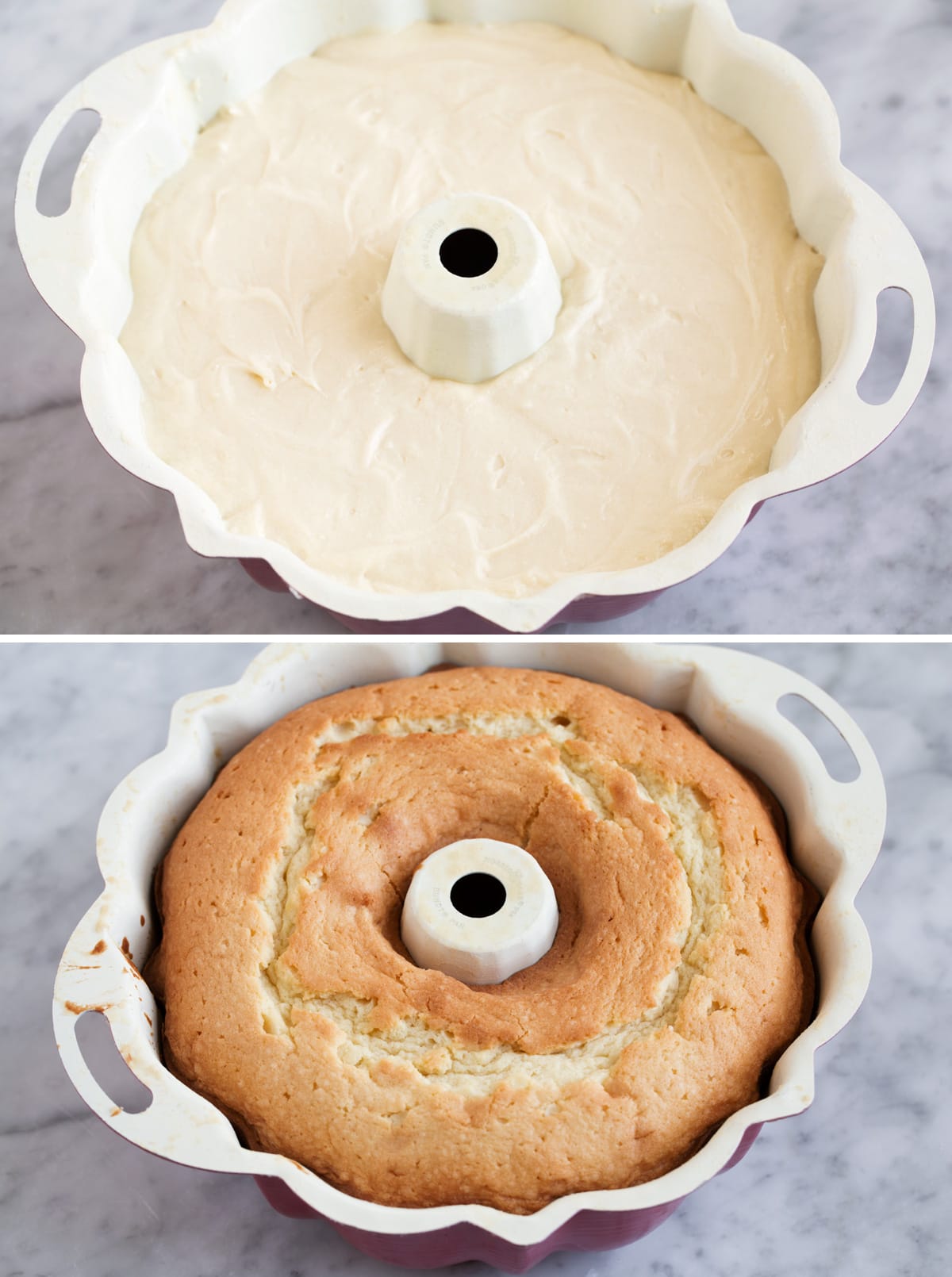 Pound Cake Pound cake batter in a bundt pan before and then shown after baking.