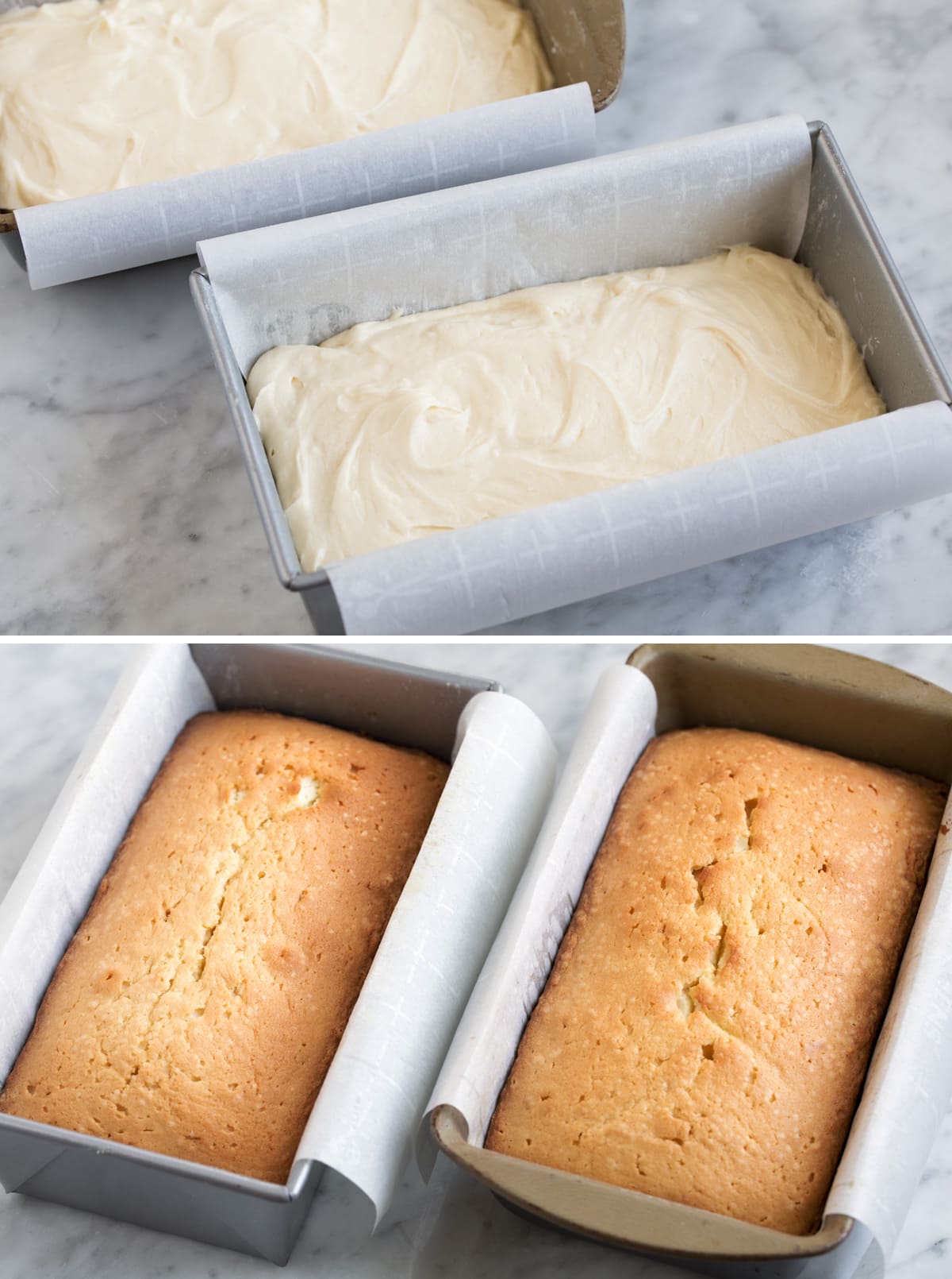 Pound Cake Pound cake batter in two parchment paper lined loaf pans before baking then shown after baking.