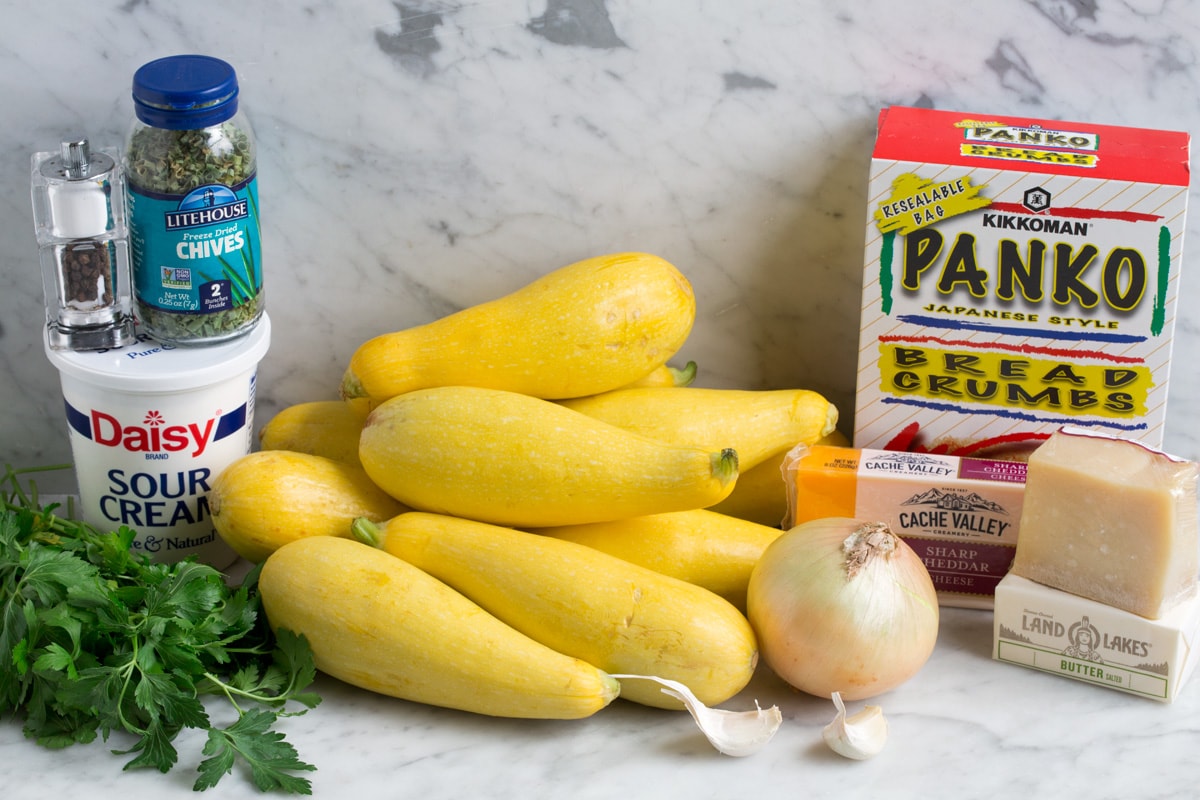 Squash Casserole Ingredients needed to make squash casserole shown here.
