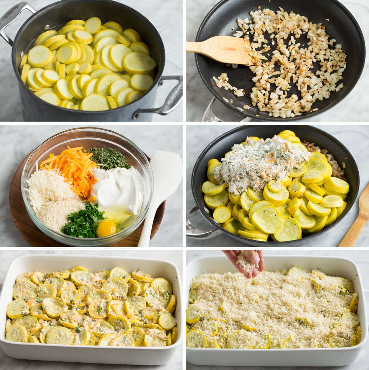 Ingredients Needed for Yellow Squash Casserole: Steps showing how to make squash casserole.