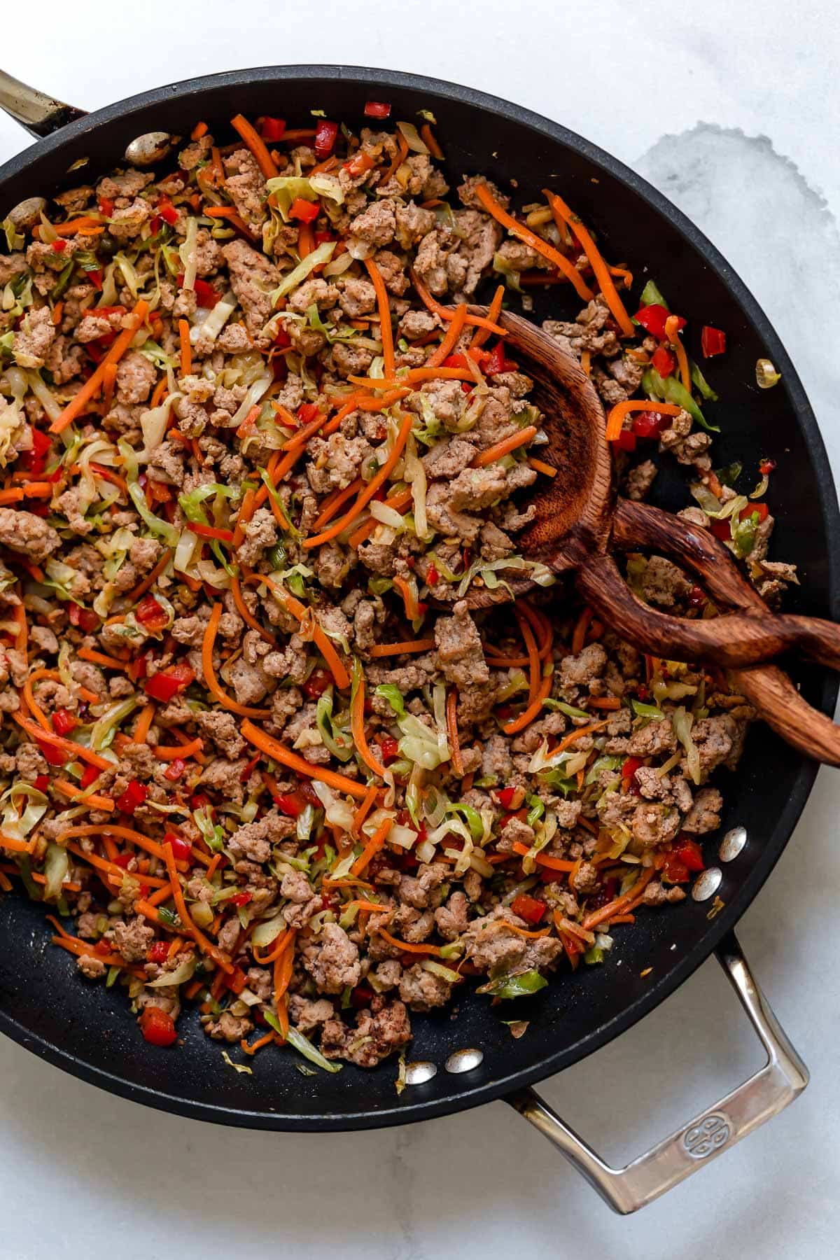 Egg Rolls Egg roll filling in a skillet.