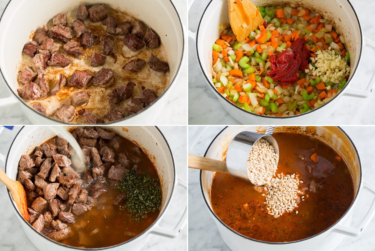 Beef and Barley Soup Image showing four steps of making beef and barley soup.